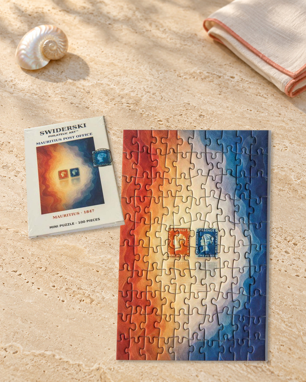 Mauritius Post Office mini puzzle and box in an elegant coastal still life with a shell and fine linen.